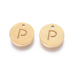304 Stainless Steel Charms, Ion Plating (IP), Flat Round, Letter.P, 10x1.5mm, Hole: 1mm