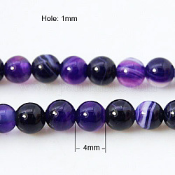 Nature Striped Agate/Banded Agate Beads Strands, Round, Dyed, Purple, 4mm, Hole: 1mm