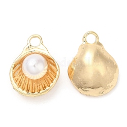Brass with Glass Pearl Pendants, Shell Shape Charm, Real 18K Gold Plated, 15x11.5x6.6mm, Hole: 2mm