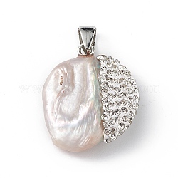 Pendentifs en perles keshi baroques naturelles, breloques pépites de perles d'eau douce, avec zircons, clair, 19~28.5x20.5~31x6.5~10mm, Trou: 8mm