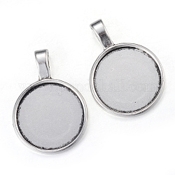 Tibetan Style Alloy Pendant Cabochon Settings, Cadmium Free & Lead Free, Flat Round, Antique Silver, Tray: 20mm, 32x23x2mm, Hole: 3.5x7mm