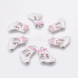 Alloy Enamel Pendants, Christmas Stockings Charms for Holiday Jewelry Making, Lead Free and Cadmium Free, Platinum Metal Color, White, 24~26x15~16x2mm, Hole: 2mm