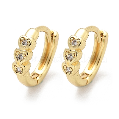 Серьги-кольца из латуни с микропаве и прозрачным кубическим цирконием в форме сердца EJEW-Z102-29G-1