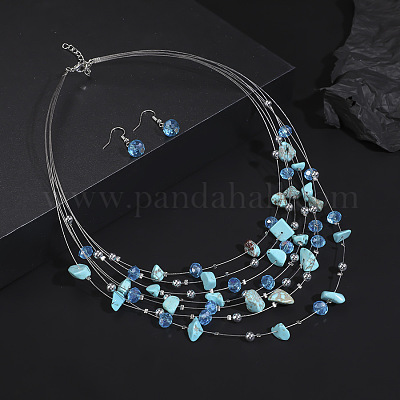Комплекты из многослойных ожерелий и висячих серег из сплава и синтетической бирюзы и смолы FS-WG2F3F6-01-1