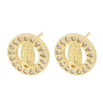 Серьги-гвоздики с изображением Девы Марии из латуни с микропаве из прозрачных кубических цирконий EJEW-F400-23A-G-1