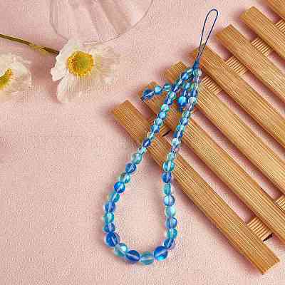 Круглые мобильные ремешки из синтетического лунного камня с бусинами HJEW-SW00042-08-1