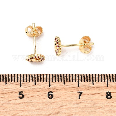 Плоские круглые серьги-гвоздики с сердечками из латуни с микропаве из кубического циркония EJEW-A135-06G-1