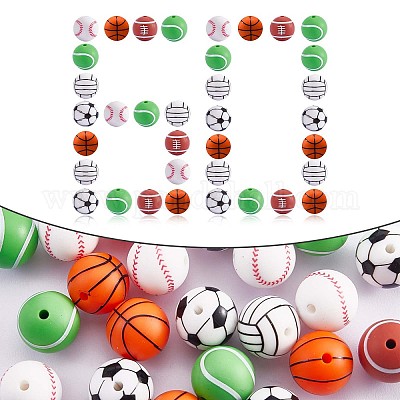 60Pcs 15mm Silicone Beads Sports Silicone Beads Bulk Basketball