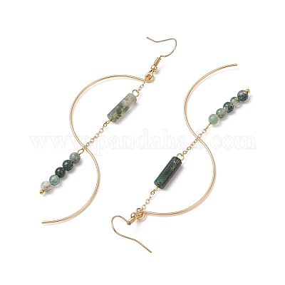 Серьги-подвески из натурального мохового агата в форме столба EJEW-JE06335-05-1