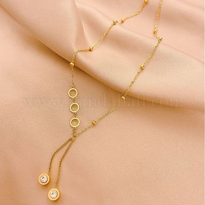 Ожерелья с подвеской в виде кисточки из нержавеющей стали 304 с прозрачными кубическими цирконами и плоскими круглыми подвесками для женщин FS-WGE6DE6-01-1