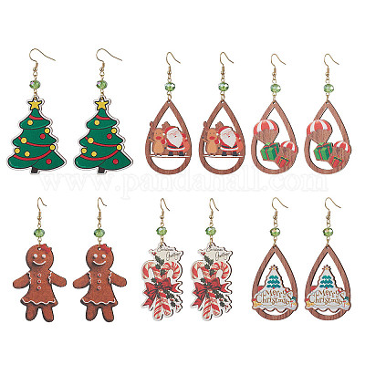 Рождественские деревянные серьги-подвески с принтом EJEW-JE06519-1