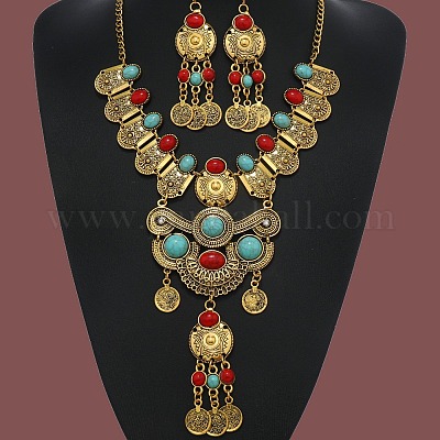 Комплекты из колье и серег с подвесками из сплава с плоскими круглыми кисточками и синтетической бирюзы FS-WG5CFCA-01-1