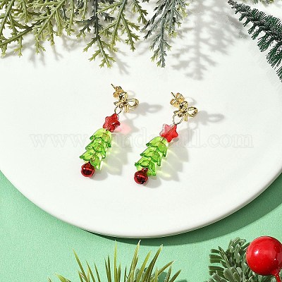 Серьги-гвоздики из стеклянных и акриловых бусин в форме рождественской елки EJEW-JE06671-1