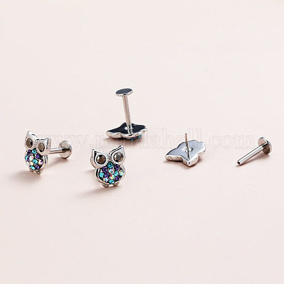 Латунные серьги-гвоздики с микропаве из разноцветных кубических цирконий в форме совы FS-WGE9253-01-1