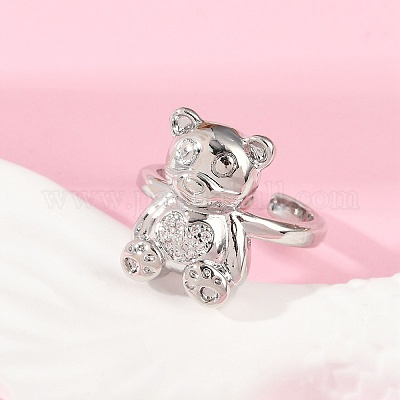 Открытые кольца-манжеты с медведем из латуни с микропаве из прозрачных кубических цирконий для женщин RJEW-G343-04P-1