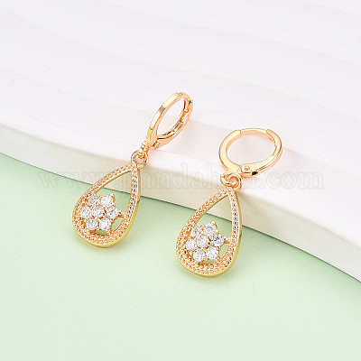Серьги с подвесками на защелке из латуни с микропаве и фианитами EJEW-N058-05G-1