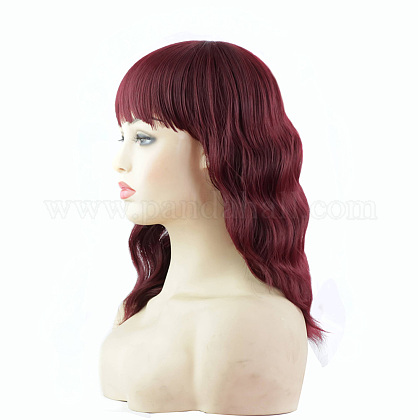前髪のある短い頭の赤い巻き毛のかつら  短いウェーブのボブウィッグ  高温繊維  女性のためのかつら  暗赤色  （14インチ）466.7mm OHAR-D007-02-1