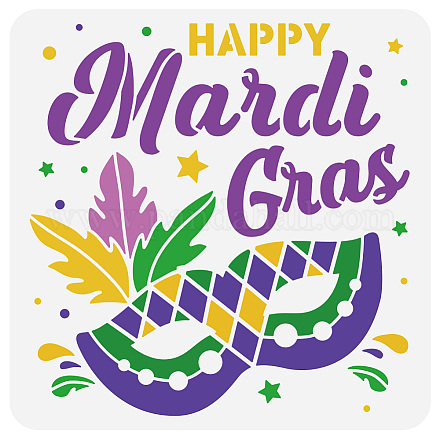 FINGERINSPIRE Happy Mardi Gras Painting Stencil 11.8x11.8 inch Reusable Masquerade Decorative Drawing Template Plastic PET Words Star Round Pattern Stencil for Painting on Wood Fabric Canvas Clothes DIY-WH0391-0727-1