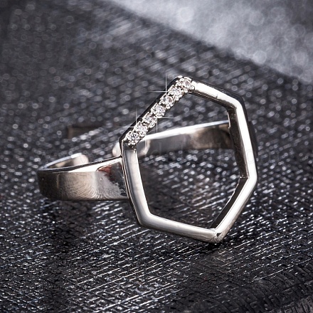 調節可能なステンレス鋼の指輪  カフスリング  オープンリング  キュービックジルコニア付き  六角  ステンレス鋼色  透明  15x13mm RJEW-EE0002-01P-1