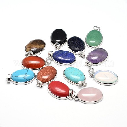 Oval Platinum Plated Brass Natural & Synthetic Mixed Stone Pendants G-F228-15-RS-1