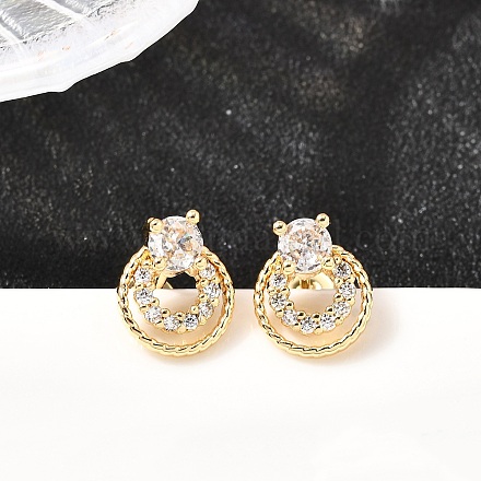 Плоские круглые серьги-гвоздики из латуни с микропаве и цирконием EJEW-A135-05G-1
