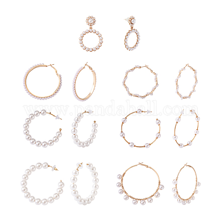 Kissitty 7 Pairs 7 Style Resin Pearl Beaded C-shape & Ring Dangle Stud Earrings FIND-KS0001-16-1