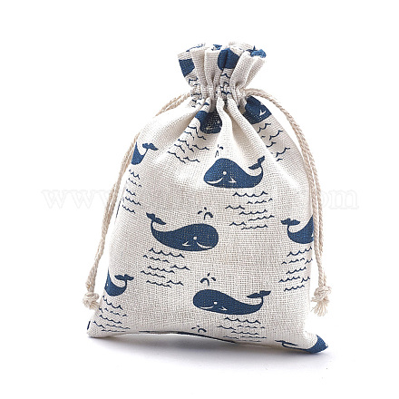 ポリコットン（ポリエステルコットン）パッキングポーチ巾着袋  印刷された鯨形  スチールブルー  18x13cm ABAG-S003-02D-1