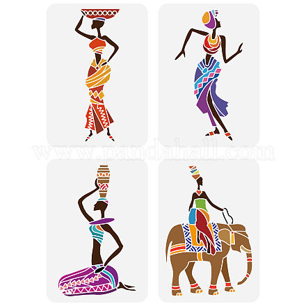 Fingerinspire 4 pz stencil tribali africani 8.3x11.7 pollici donne tribali africane stencil plastica elefante indiano ballerino con vaso modelli stencil riutilizzabili fai da te arte e artigianato stencil per decorazioni in legno da parete DIY-WH0394-0130-1