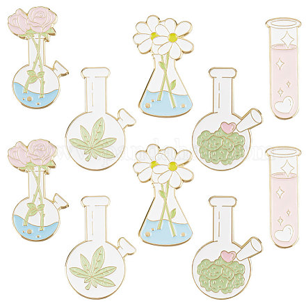 Beebeecraft 1 Box 10Pcs Chemistry Brooch Enamel Flask Test Tube Backpack Pins with Flower Love Leaf for Pattern Clothes Caps Bags Jackets Lapel Scientist JEWB-BBC0001-01-1