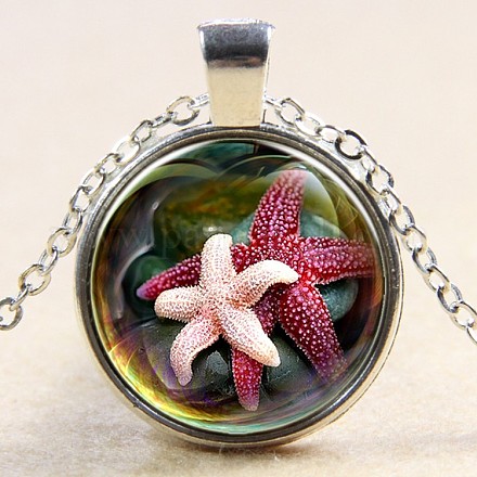 Glass Fantasy Underwater World Pink Starfish/Sea Stars Time Gem Pendant Necklaces NJEW-N0051-001H-02-1