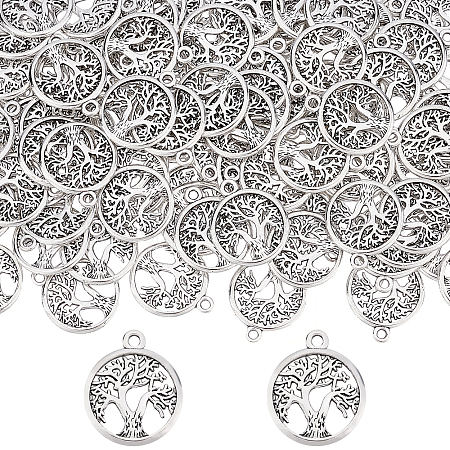SUNNYCLUE 1 Box 100 Pcs Tree of Life Charms Bulk Tibetan Style Flat Round Spring Plant Trees Charm for Jewellery Making Charms DIY