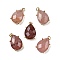 Natural Strawberry Quartz Faceted Pendants, Rack Plating Golden Plated Brass Teardrop Charms, 17x10x6mm, Hole: 1.5mm