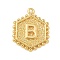 Brass Pendants, Hexagon Letter Charms, Letter B, 20x16x2.5mm, Hole: 1.5mm