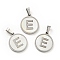 304 Stainless Steel with White Shell Pendants, Stainless Steel Color, Flat Round with Letter Charm, Letter.E, 18x16x1.5mm, Hole: 3x6mm