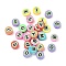 Printed Handmade Polymer Clay Beads, Flat Round with Letter, Mixed Color, 9~10x4.5~5mm, Hole: 1.6mm