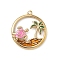 304 Stainless Steel Enamel Pendants, Ring with Turtle & Coconut Tree Charms, Real 14K Gold Plated, Pink, 25x22.5x3mm, Hole: 1.6mm