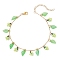Acrylic Leaf & Glass Seed Beaded Grapes Tassel Brass Bar Link Chain Anklets for Women, Golden, Pale Green, 9-1/2 inch(241mm)