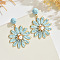Flower Alloy Raffia Dangle Stud Earrings, with Plastic Pearl & Crystal Rhinestone, Golden, Light Blue, 60x45mm
