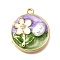 Alloy Enamel Pendants, with ABS Imitation Pearl, Flat Round with Flower, Rack Plating, Long-Lasting Plated, Lead Free & Cadmium Free & Nickel Free, Golden, Lilac, 24x20.5x5mm, Hole: 1.8mm