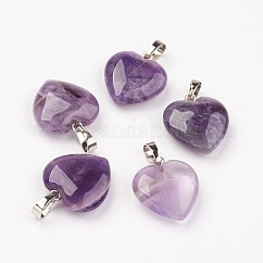 Pendentifs en améthyste naturelle, cœur, avec les accessoires en laiton, platine, 22~23x20~20.5x6~7.5mm, Trou: 5x8mm