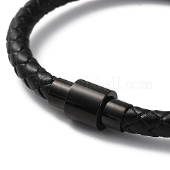レザー編み込みラウンドコードブレスレット  304ステンレススチールのマグネット留め具とビーズ付き。男性用、女性用。  ブラック  8-1/4インチ（20.8cm）&nbsp;BJEW-F460-04EB
