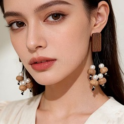 Pendientes de botón de madera y perlas de imitación&nbsp;WGA6AFA-01