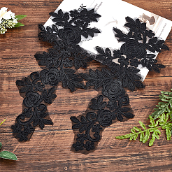 レース刺繍衣装アクセサリー2セット  アップリケパッチ  ミシンクラフト装飾  花  ブラック  380~410x150~160x1mm  2個/セット&nbsp;DIY-GF0004-92