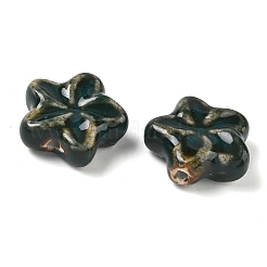 ヴィンテージの手作り磁器ビーズ  ファンシーアンティーク施釉磁器  花  濃い緑  27.5x29.5x11mm  穴：3.5mm&nbsp;PR-NH0003-01A