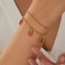 Pulseras de una sola hebra de acero inoxidable 304 con dije de fresa roja esmaltada para mujer&nbsp;WG018B1-01