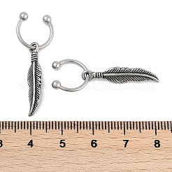 フェザー 316 サージカルステンレススチール ダングル ハーフフープ イヤリング 女性用  アンティークシルバー  35.5x5.5mm  Inneの直径：9.85mm  ピン：1.17mm（17ゲージ）&nbsp;EJEW-G416-46AS