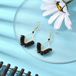 ガラスシード編み込み菱形シャンデリア イヤリング  女性用ゴールデン 304 ステンレススチール ジュエリー  ブラック  56x27.5mm&nbsp;EJEW-MZ00081