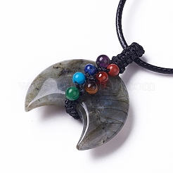 Collana regolabile con ciondolo a doppio corno con gemme miste naturali e sintetiche con cordino in cera per donna&nbsp;NJEW-B086-01