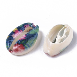 プリントされた天然のカウリーシェルビーズ  穴なし/ドリルなし  花柄  グリーン  18~25x12~15x7mm&nbsp;SSHEL-R047-01-C02