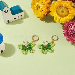 ガラス編みのバタフライ ダングル レバーバック イヤリング  女性のための金メッキ真鍮ワイヤー ラップ ジュエリー  グリーン  42mm  ピン：0.9mm&nbsp;EJEW-TA00127-02